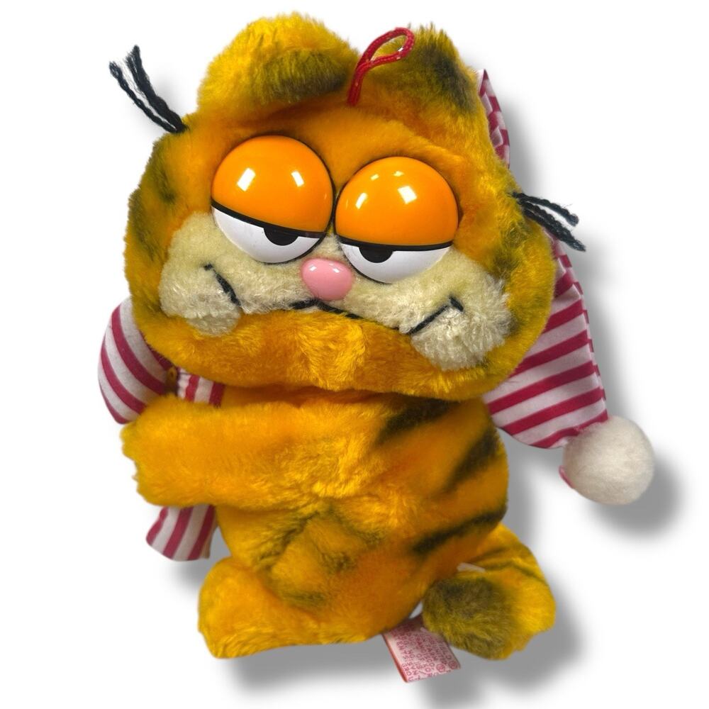 Vintage Garfield Plush Pajama Hat Candy Cane 1981 Fun Farm Stuffed Animal Toy